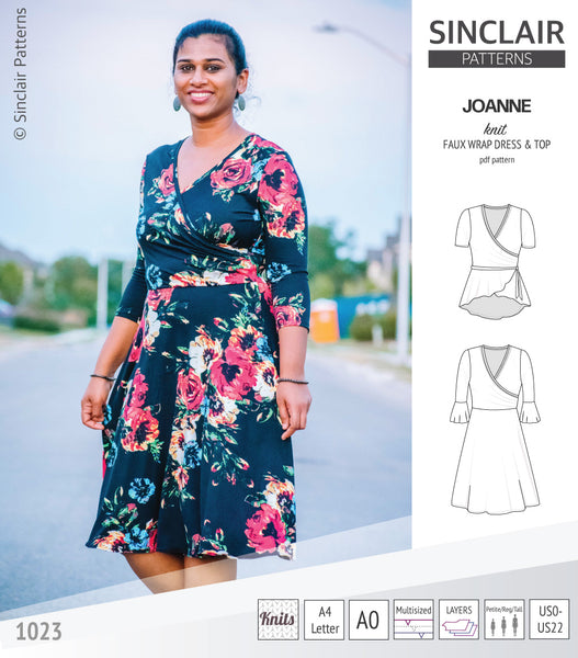 Joanne faux wrap knit dress with flared skirt (PDF) - Sinclair Patterns